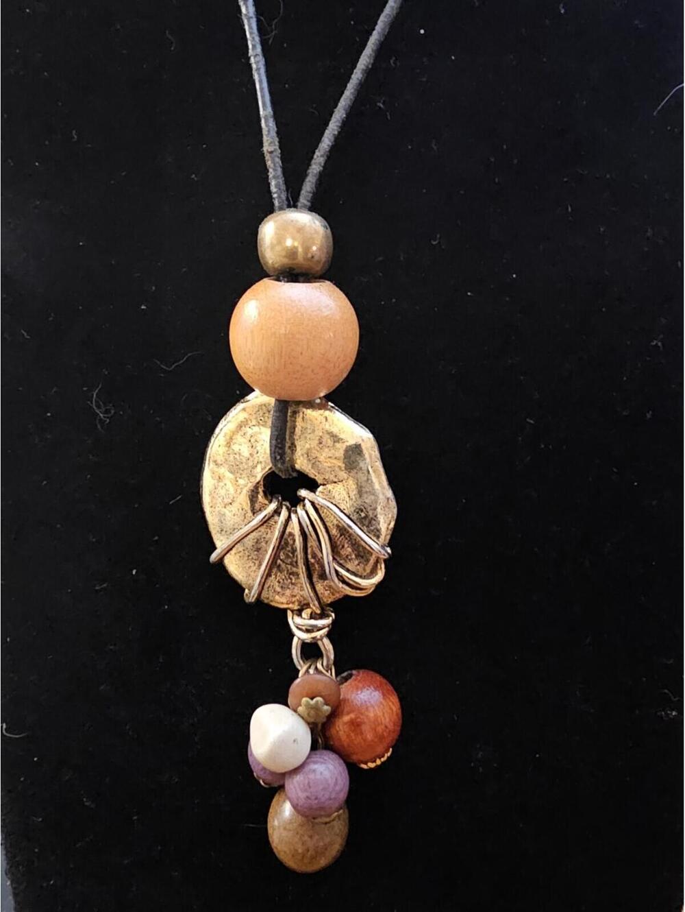 Boho Tribal Hammered Gold Disc Bead Cluster Pendant Necklace 26" Cord